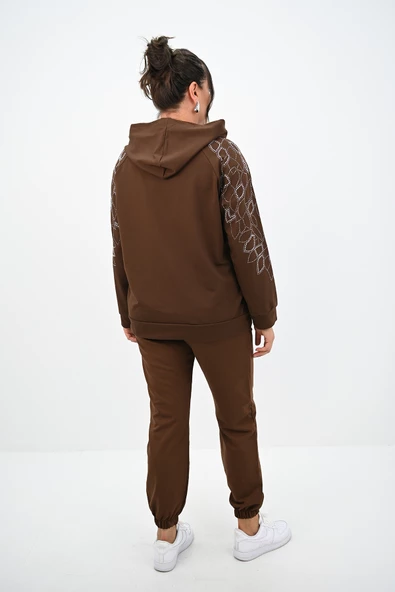 Kadın Büyük Beden Kapüşonlu Taş Süsleme Detaylı Eşofman Takımı 8129-25 - 12