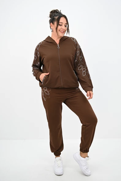 Kadın Büyük Beden Kapüşonlu Taş Süsleme Detaylı Eşofman Takımı 8129-25 - 9