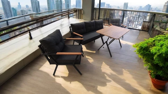 Pimango Pi Locca Bahçe Balkon Mobilyası Antrasit 3+1+1 ve Perla Çam Masa - 3