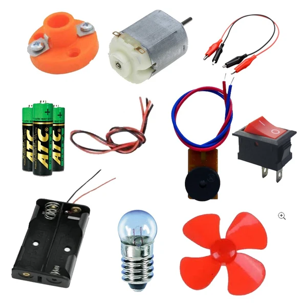 Okul Deney Seti - 6 Deney Zili, Duy, Anahtar, Pil Yatağı, Pil, Lamba, Kablo, DC Motor