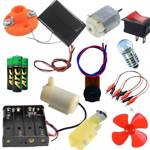 Okul Deney Seti - 7 Güneş Paneli, Duy, Anahtar, Su Motoru, Pil, Redüktörlü Dinamo Motor Full Set