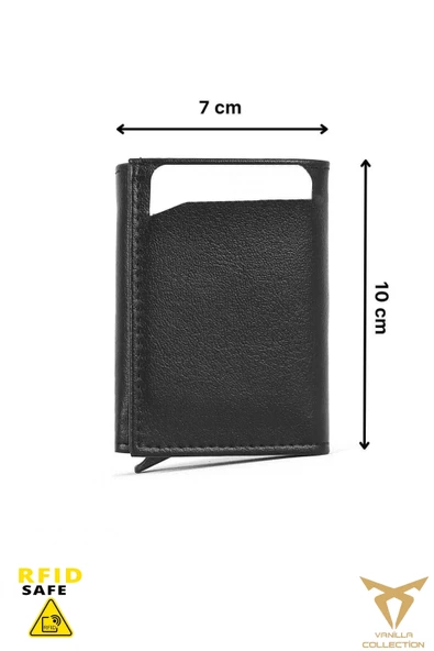 Unisex Vegan Deri Nakit Para Bölmeli Mekanizmalı Kartlık Mıknatıslı Kapama Siyah Cüzdan Portföy - Resim 4