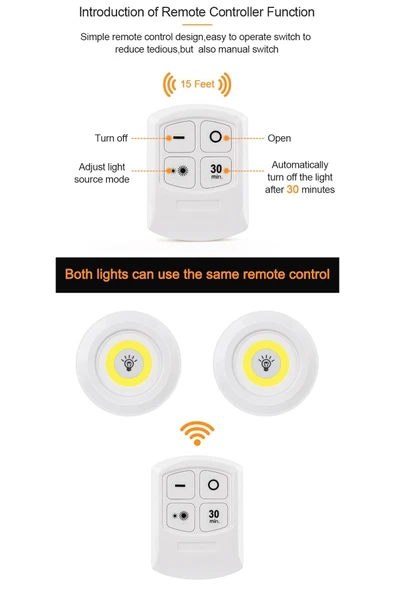 Kablosuz Uzaktan Kumandali Yapiskanli Led Işık Spot Lamba Dolap Altı Işığı Kısılabilir Gece Lambası - 7