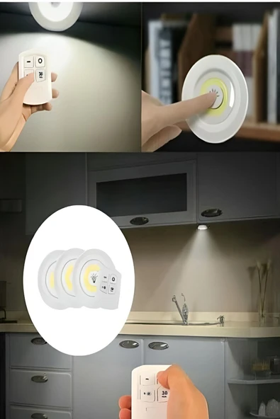 Kablosuz Uzaktan Kumandali Yapiskanli Led Işık Spot Lamba Dolap Altı Işığı Kısılabilir Gece Lambası - 4
