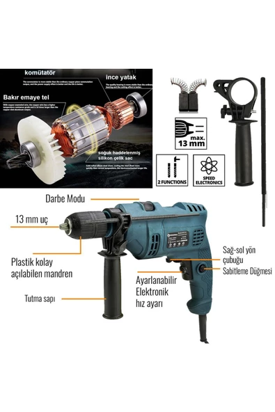prohummer PH-EA016 Elektrikli 13mm Darbeli Matkap 1100w (Mavi) - 2