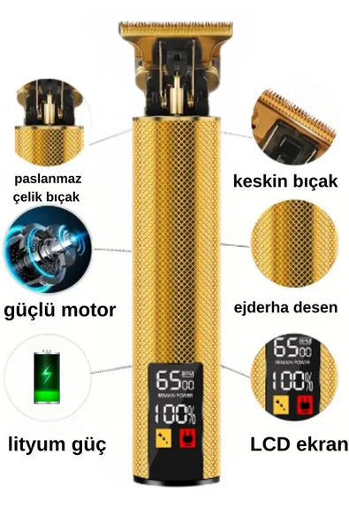 gold tech Led Ekranlı Çelik Kasa Profesyonel T-bıçak Saç Sakal, Ense Çizim Tıraş Makinesi - 2