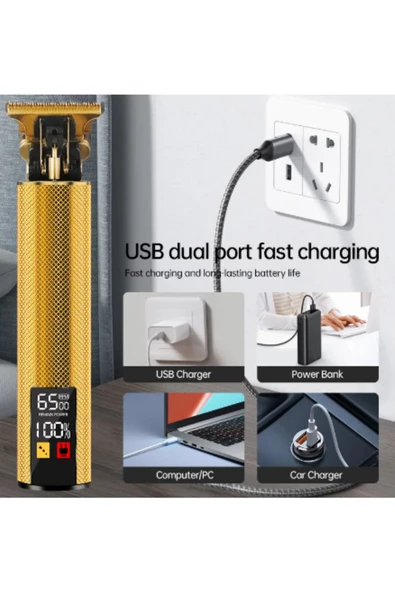 gold tech Led Ekranlı Çelik Kasa Profesyonel T-bıçak Saç Sakal, Ense Çizim Tıraş Makinesi - 3