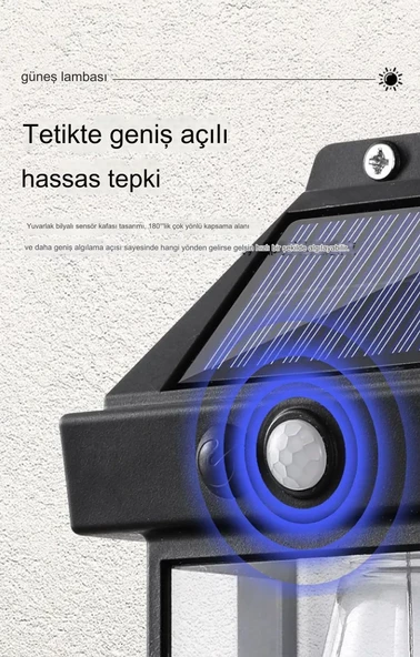 Güneş Enerjili Bahçe Aydınlatması  Aplik Dekor Solar ve Sensörlü Bahçe Balkon ve Garaj Lambası - 5