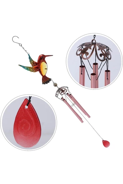 Sinek Kuşu Tasarımlı Rüzgar Çanı Metal ve Cam Malzeme Dekoratif Rüzgar Çanı - Resim 2