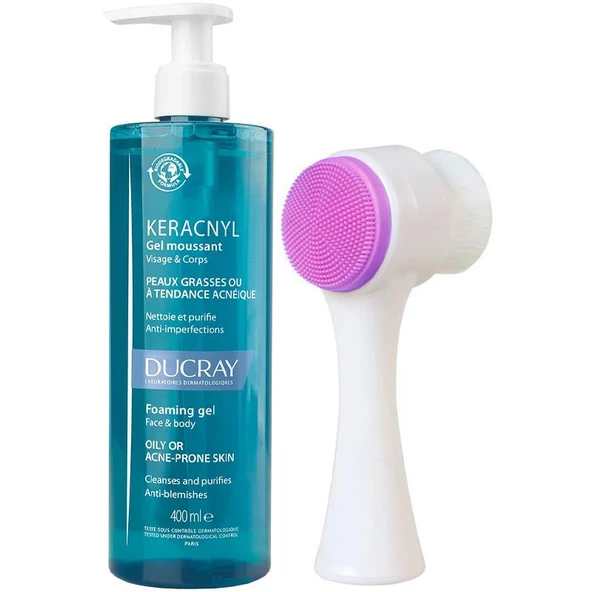 Ducray Keracnyl Foaming Gel - Yağlı Cilt Temizleme Jeli 400ml + Cilt Temizleme Fırçası Hediye