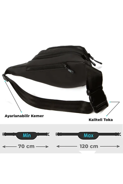 Unisex Siyah Günlük Bel Çantası Vegan Deri Kulaklık Çıkışlı Çapraz Omuz Çanta Su Geçirmez Kumaş - 8
