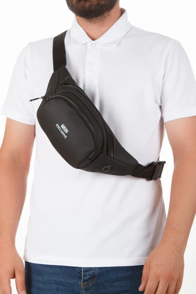 Unisex Siyah Günlük Bel Çantası Vegan Deri Kulaklık Çıkışlı Çapraz Omuz Çanta Su Geçirmez Kumaş - 2