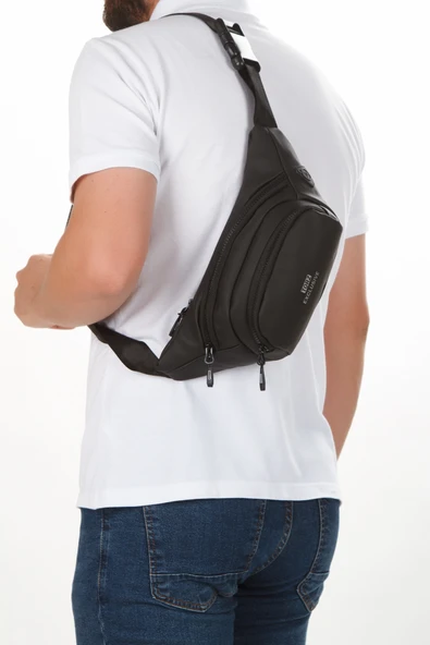 Unisex Siyah Günlük Bel Çantası Vegan Deri Kulaklık Çıkışlı Çapraz Omuz Çanta Su Geçirmez Kumaş - 7