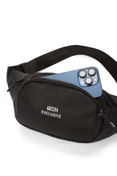 Unisex Siyah Günlük Bel Çantası Vegan Deri Kulaklık Çıkışlı Çapraz Omuz Çanta Su Geçirmez Kumaş - 6