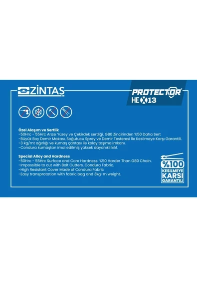 Zintaş Protector Hex13 Motosiklet Kesilmez Zincir 13mm 200cm Sadece Zincir - 3