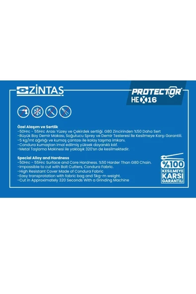 Zintaş Protector Hex16 Motosiklet Kesilmez Zincir 16mm 150cm Sadece Zincir - 4