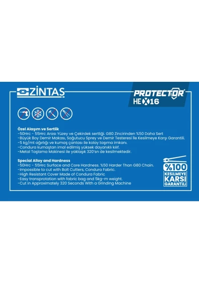 Zintaş Protector HEX16 Motosiklet Kesilmez Zincir Kilit 16mm 150cm - 3