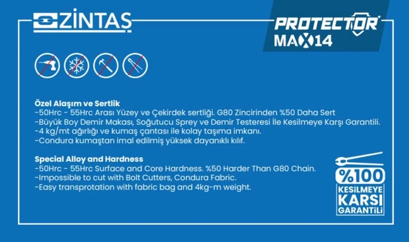 Zintaş Protector Max14 Motosiklet Kesilmez Zincir Kilit 14mm 200cm - Resim 3