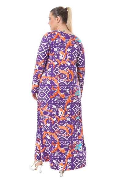 Melsay Butik Mor Retro Desen Uzun Kollu Kadın Elbise - 6