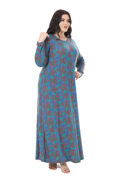 Melsay Butik Mavi Kırmızı Mercan Desen Uzun Kollu Kadın Elbise - Resim 4