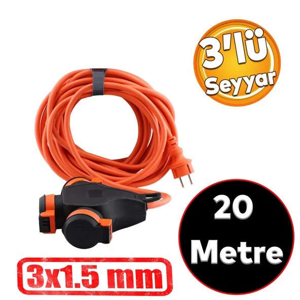 Monofaze Çoğaltıcı Seyyar Topraklı 3'lü Grup Priz Fiş 20 Metre Çoklu Asmalı Uzatma Kablosu 3x1.5 mm ürün görseli