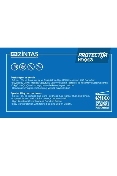 Zintaş Protector Hex13 Motosiklet Kesilmez Zincir Kilit 13mmx180cm - 7