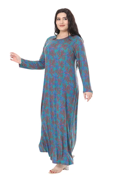 Melsay Butik Mavi Kırmızı Mercan Desen Uzun Kollu Kadın Elbise - Resim 2