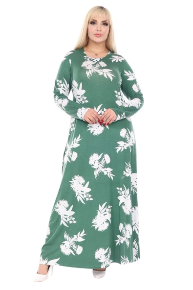 Melsay Butik Yeşil Beyaz Yaprak Desen Uzun Kollu Kadın Tesettür Elbise - 1