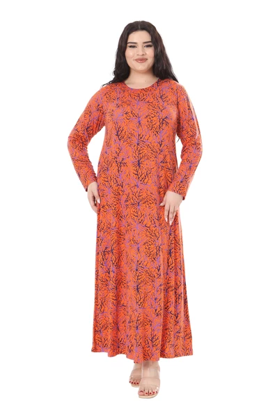 Melsay Butik Turuncu İnce Mercan Desen Uzun Kollu Kadın Elbise - 1
