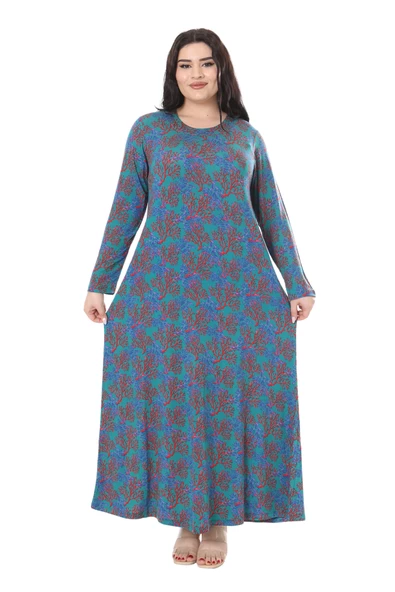 Melsay Butik Mavi Kırmızı Mercan Desen Uzun Kollu Kadın Elbise - Resim 3