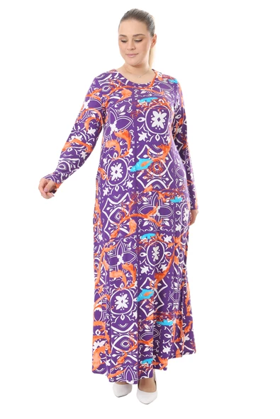 Melsay Butik Mor Retro Desen Uzun Kollu Kadın Elbise - 3
