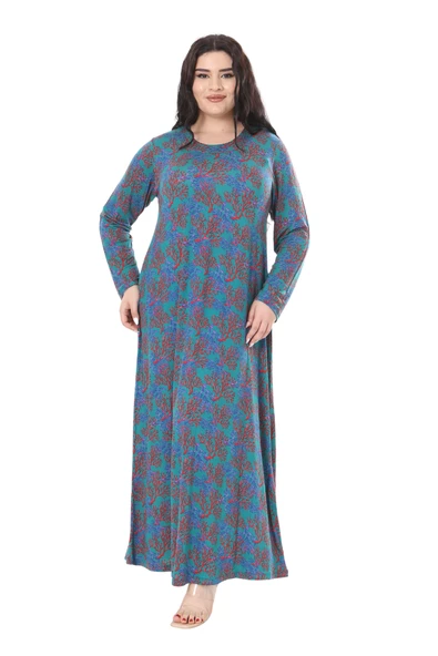 Melsay Butik Mavi Kırmızı Mercan Desen Uzun Kollu Kadın Elbise ürün görseli