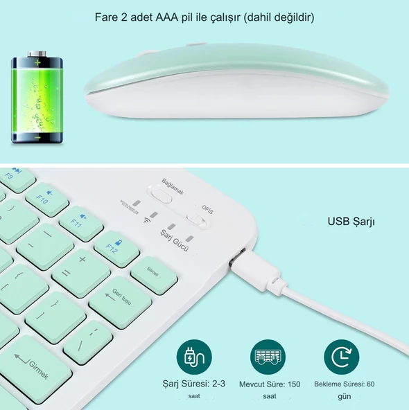 Kablosuz Bluetooth Klavye ve Fare Kombinasyonu, Kompakt Ultra İnce Şık Tasarım Şarj Edilebilir Set  YEŞİL - 2