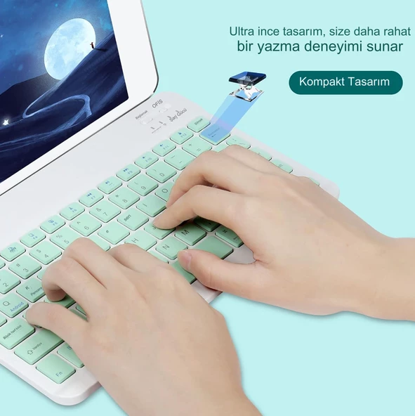 Kablosuz Bluetooth Klavye ve Fare Kombinasyonu, Kompakt Ultra İnce Şık Tasarım Şarj Edilebilir Set  YEŞİL - 4