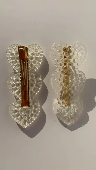 Fosforlu Neon Parlak Yeşil Renk Gold Kıskaçlı 3'lü Kalp Şekil 2'li Saç Tokası El Yapımı Epoksi - 6