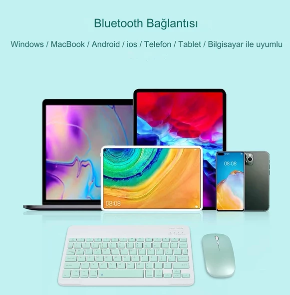 Kablosuz Bluetooth Klavye ve Fare Kombinasyonu, Kompakt Ultra İnce Şık Tasarım Şarj Edilebilir Set  YEŞİL - 6