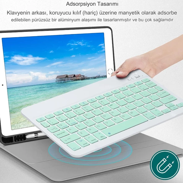 Kablosuz Bluetooth Klavye ve Fare Kombinasyonu, Kompakt Ultra İnce Şık Tasarım Şarj Edilebilir Set  YEŞİL - 5