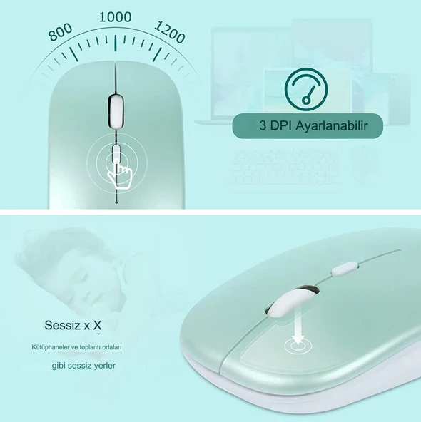 Kablosuz Bluetooth Klavye ve Fare Kombinasyonu, Kompakt Ultra İnce Şık Tasarım Şarj Edilebilir Set  YEŞİL - 3