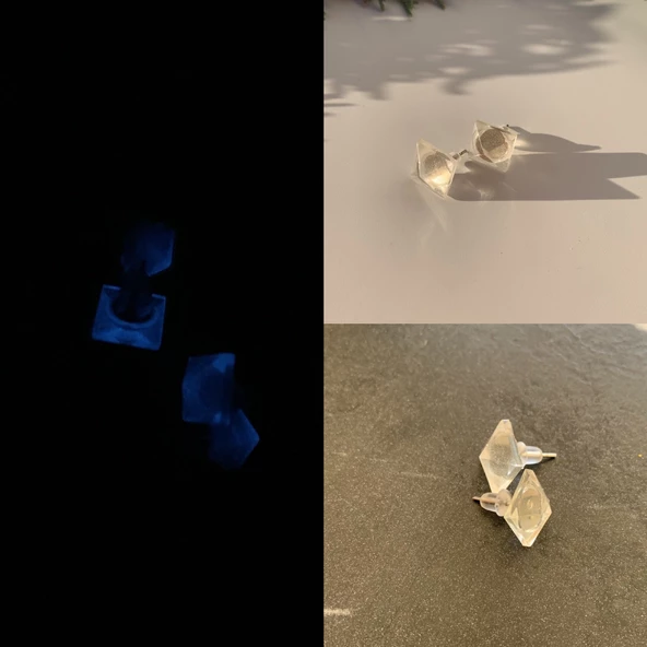 Fosforlu Neon Parlak Mavi Renk Gümüş Aksesuarlı Küpe Üçgen Elmas Şekil El Yapımı Epoksi ürün görseli