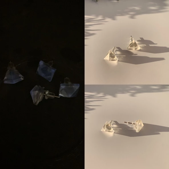 Fosforlu Neon Parlak Mavi Renk Gümüş Aksesuarlı Küpe Kare Elmas Şekil El Yapımı Epoksi ürün görseli