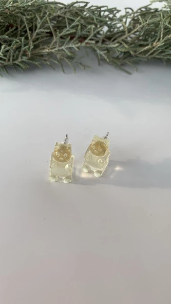 Fosforlu Neon Parlak Yeşil Renk Gümüş Aksesuarlı Küpe Ayıcık Şekil El Yapımı Epoksi - Resim 8