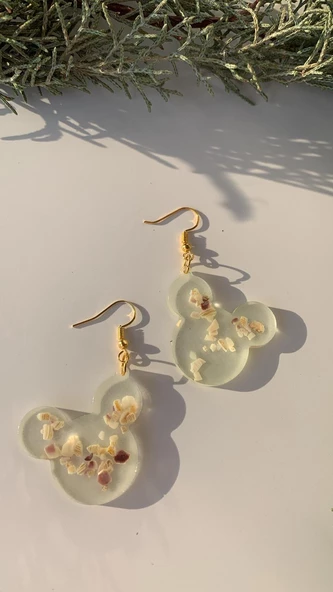 Fosforlu Neon Yeşil Renk Gold Aksesuarlı Deniz Kabuklu Küpe Mickey Mouse Şekilli El Yapımı Epoksi - Resim 3