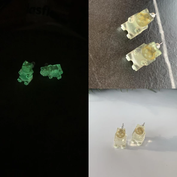 Fosforlu Neon Parlak Yeşil Renk Gümüş Aksesuarlı Küpe Ayıcık Şekil El Yapımı Epoksi ürün görseli