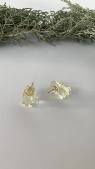 Fosforlu Neon Parlak Yeşil Renk Gümüş Aksesuarlı Küpe Ayıcık Şekil El Yapımı Epoksi - Resim 2