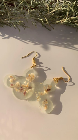 Fosforlu Neon Yeşil Renk Gold Aksesuarlı Deniz Kabuklu Küpe Mickey Mouse Şekilli El Yapımı Epoksi - Resim 8
