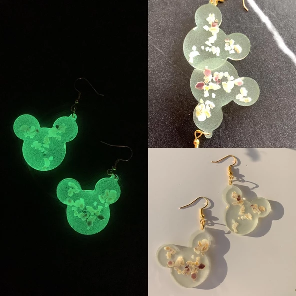 Fosforlu Neon Yeşil Renk Gold Aksesuarlı Deniz Kabuklu Küpe Mickey Mouse Şekilli El Yapımı Epoksi ürün görseli
