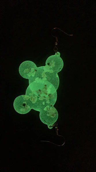 Fosforlu Neon Yeşil Renk Gold Aksesuarlı Deniz Kabuklu Küpe Mickey Mouse Şekilli El Yapımı Epoksi - Resim 4