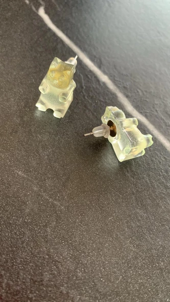 Fosforlu Neon Parlak Yeşil Renk Gümüş Aksesuarlı Küpe Ayıcık Şekil El Yapımı Epoksi - Resim 7