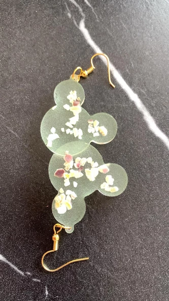 Fosforlu Neon Yeşil Renk Gold Aksesuarlı Deniz Kabuklu Küpe Mickey Mouse Şekilli El Yapımı Epoksi - Resim 2