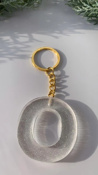 O Harfi Fosforlu Neon Yeşil Renk Parlak Simli Gold Aksesuarlı Anahtarlık El Yapımı Epoksi Hediyelik - Resim 3